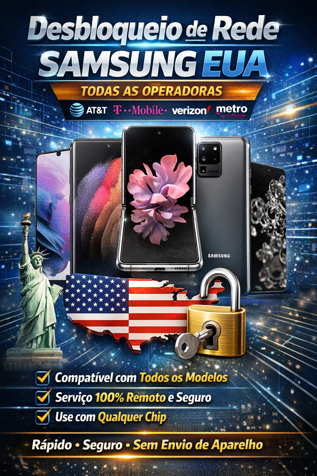 Desbloqueio de Rede Samsung EUA – Todas as Operadoras | Serviço Remoto e Seguro